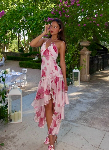 Pink Print Floral A Line Straps Ruffle Chiffon Prom Dress Party Dress HZ1023